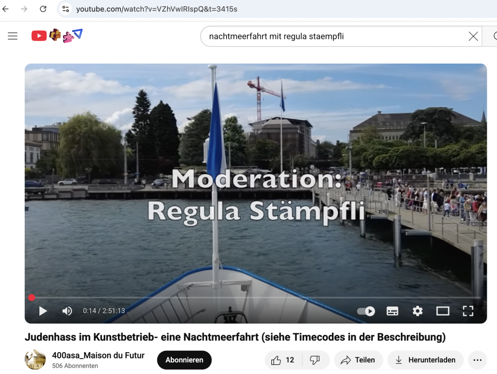 nachtmeerfahrt, maison du futur, regula staempfli moderiert die nachtmeerfahrt zum thema "Judenhass im Kulturbetrieb."
